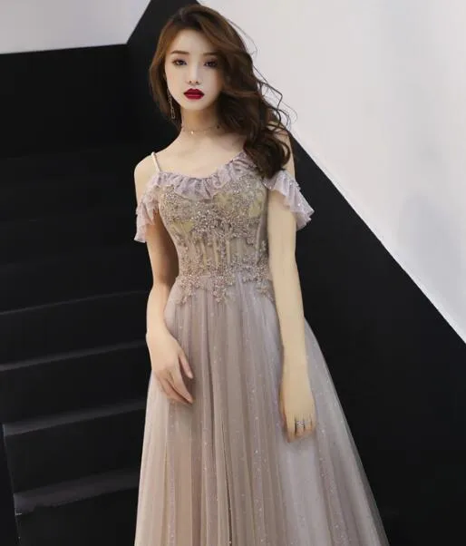 Dark Champagne Off Shoulder Floor Length Party Dress, Straps Junior Prom Dress