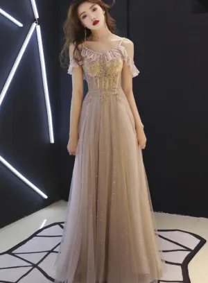 Dark Champagne Off Shoulder Floor Length Party Dress, Straps Junior Prom Dress