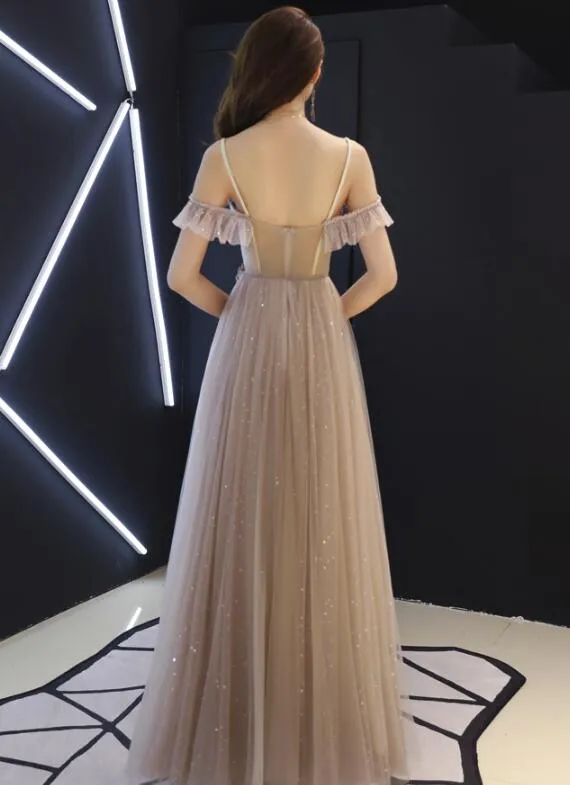 Dark Champagne Off Shoulder Floor Length Party Dress, Straps Junior Prom Dress