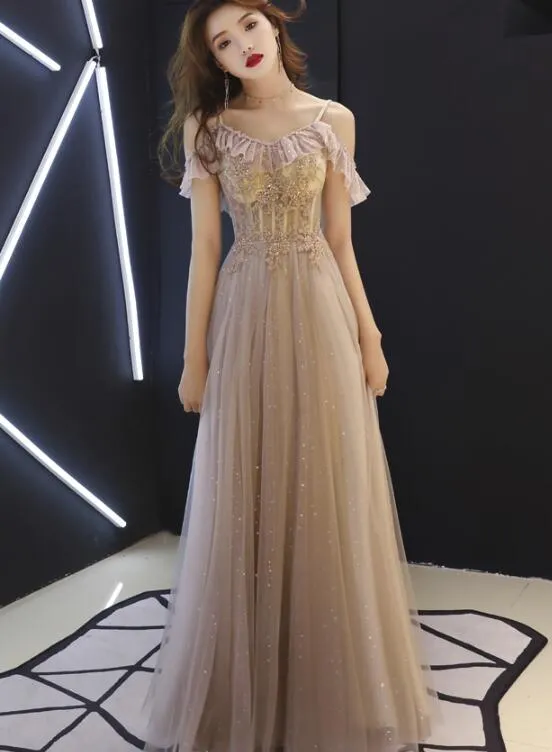 Dark Champagne Off Shoulder Floor Length Party Dress, Straps Junior Prom Dress