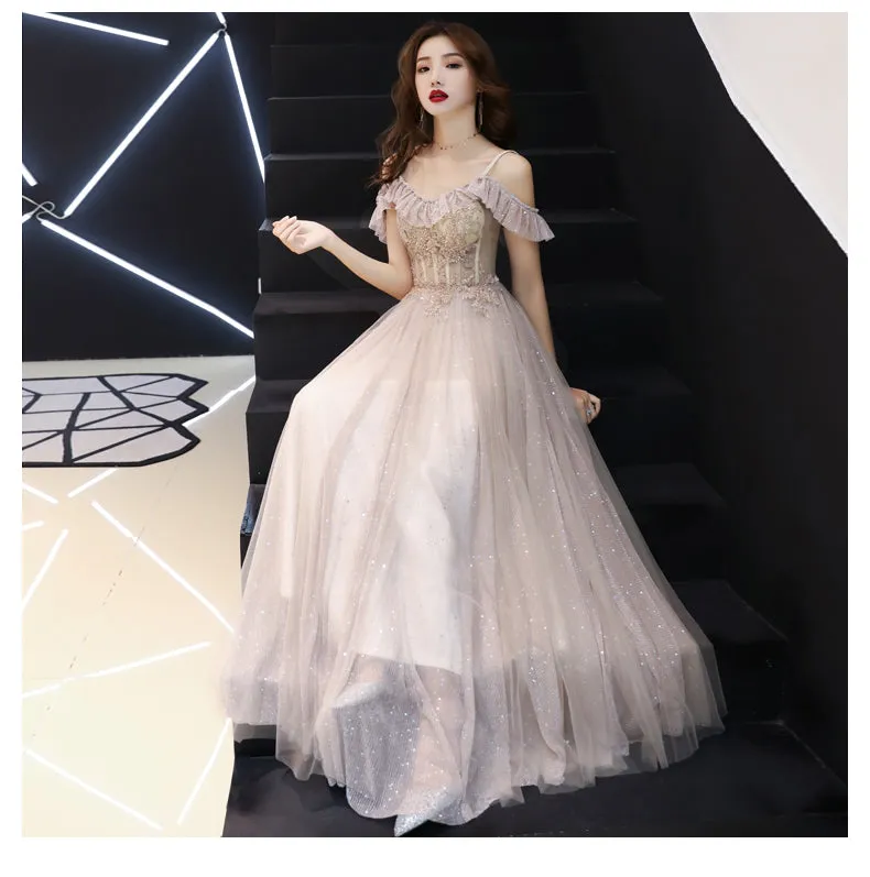 Dark Champagne Off Shoulder Floor Length Party Dress, Straps Junior Prom Dress