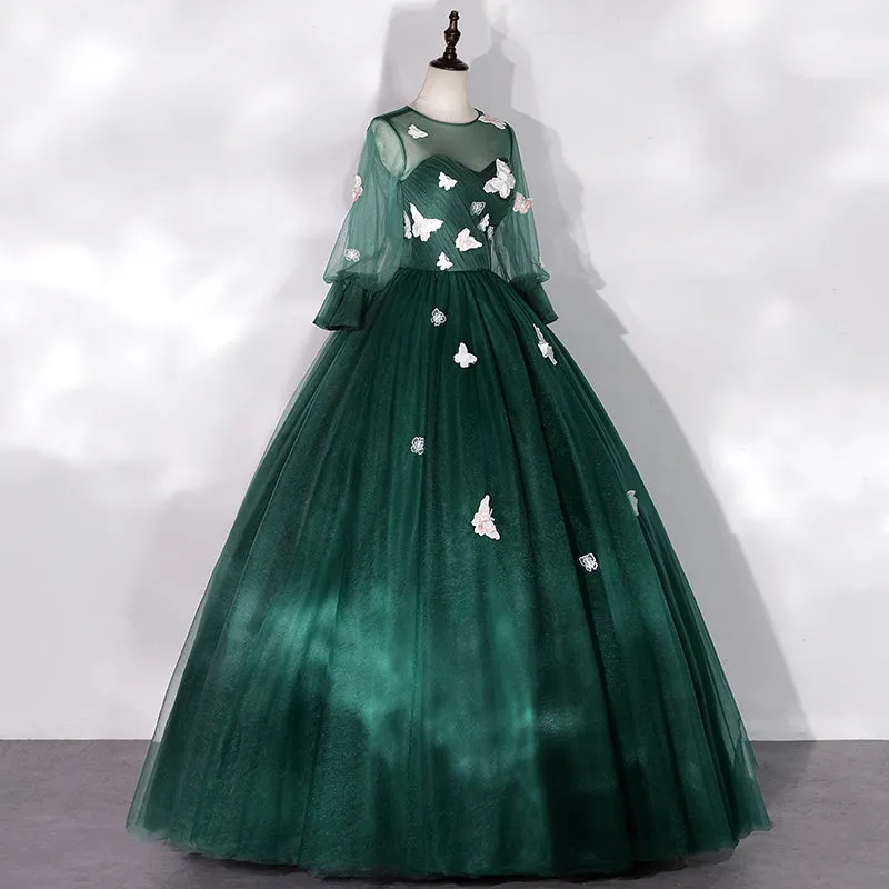 Dark Green Long Sleeves Ball Gown Sweet 16 Dresses, Green Tulle Round Neckline Prom Dresses
