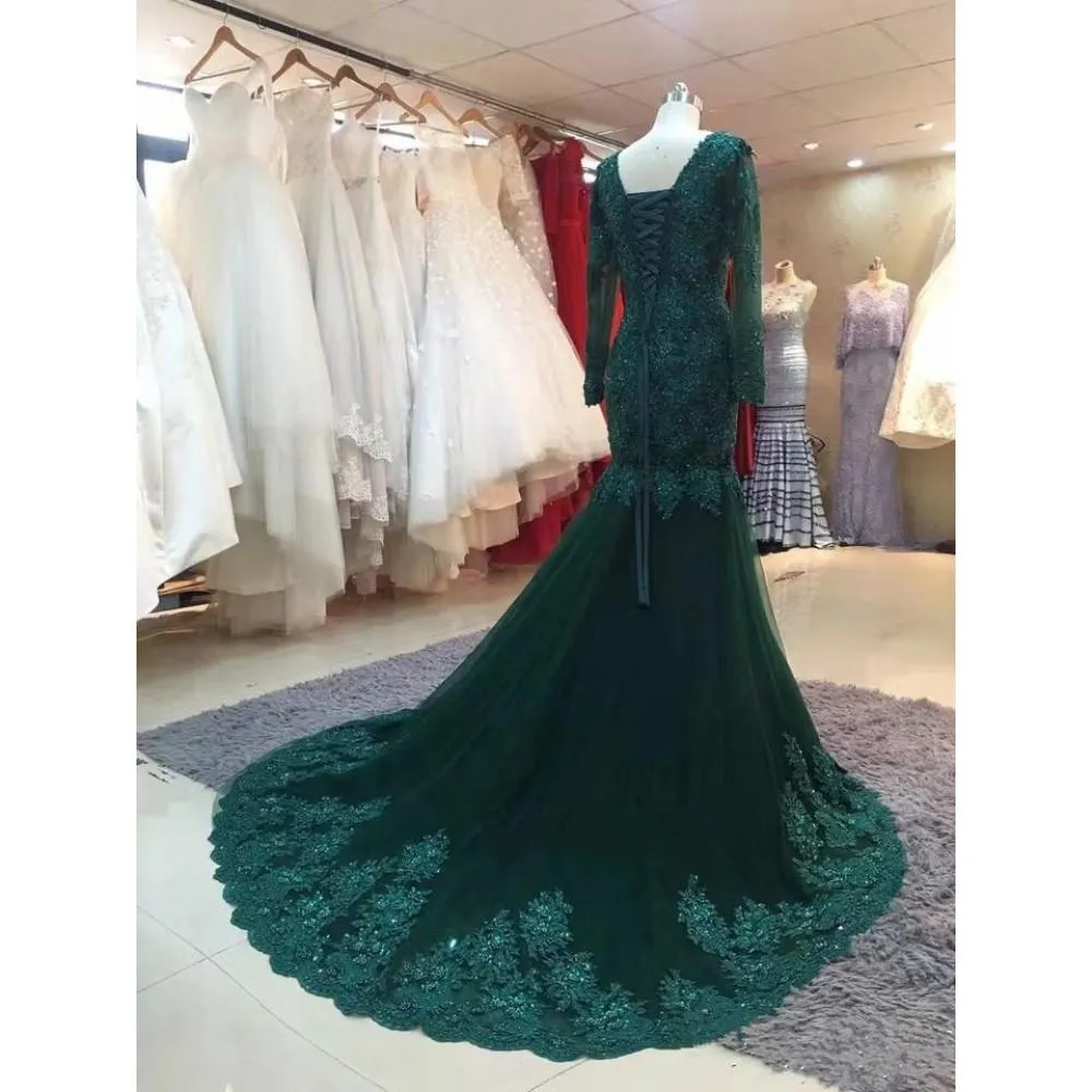 Dark Green Long Sleeves Lace Mermaid Formal Dress, Long Prom Dresses