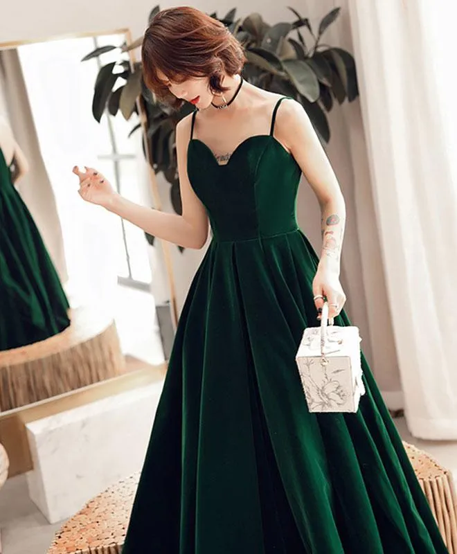 Dark Green V Back Long Velvet Elegant Party Dress, A-line Straps Bridesmaid Dress