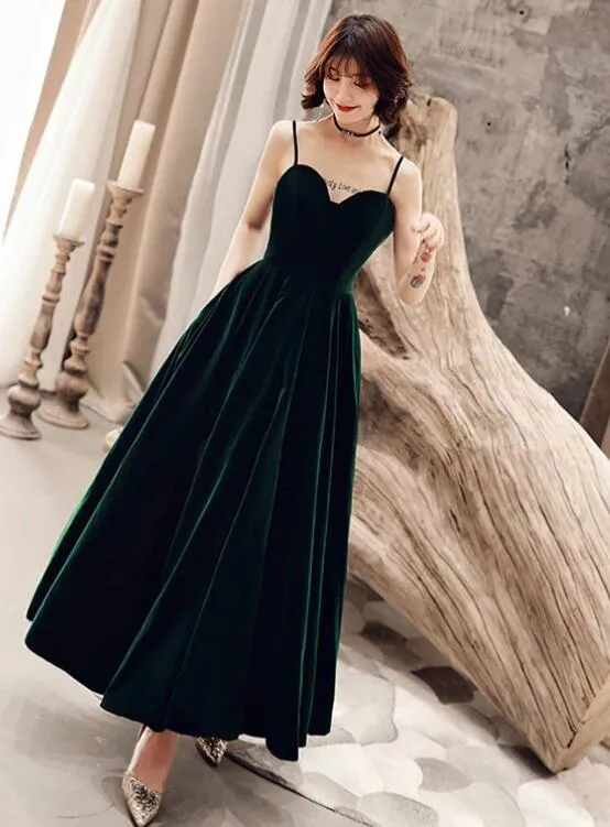 Dark Green V Back Long Velvet Elegant Party Dress, A-line Straps Bridesmaid Dress