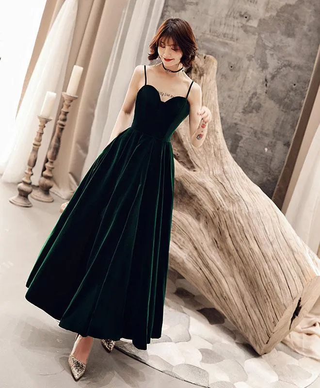 Dark Green V Back Long Velvet Elegant Party Dress, A-line Straps Bridesmaid Dress