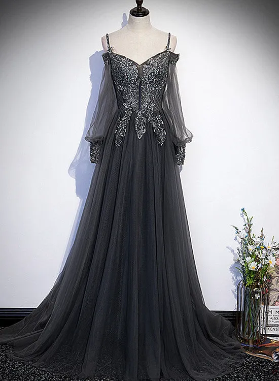 Dark Grey Long Sleeves Lace Applique A-line Prom Dress, Grey Long Formal Dresses