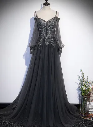 Dark Grey Long Sleeves Lace Applique A-line Prom Dress, Grey Long Formal Dresses