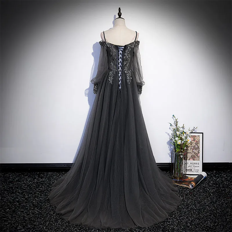 Dark Grey Long Sleeves Lace Applique A-line Prom Dress, Grey Long Formal Dresses