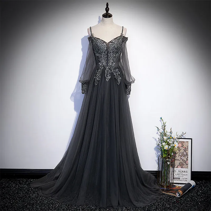Dark Grey Long Sleeves Lace Applique A-line Prom Dress, Grey Long Formal Dresses