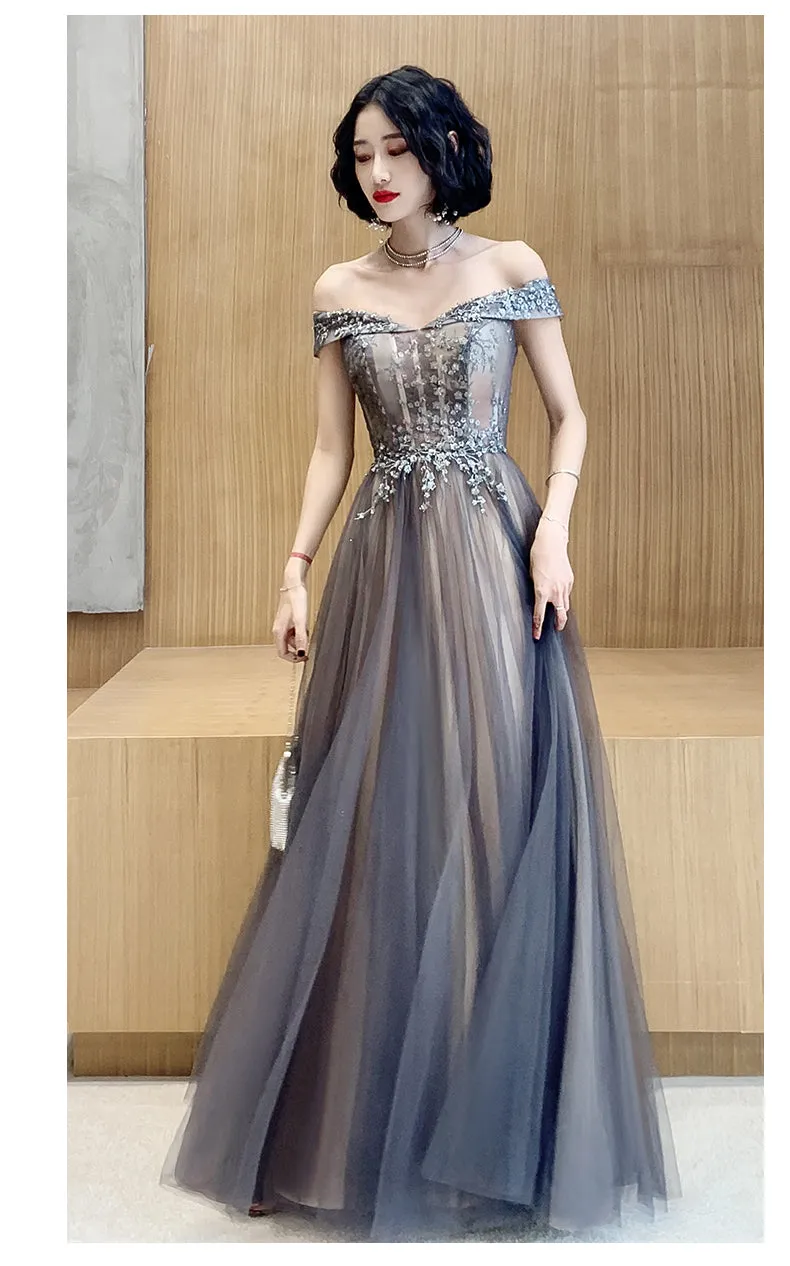 Dark Grey Tulle with Lace Applique Sweetheart Long Prom Dress, A-line Off Shoulder Party Dress