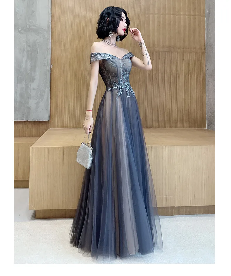 Dark Grey Tulle with Lace Applique Sweetheart Long Prom Dress, A-line Off Shoulder Party Dress