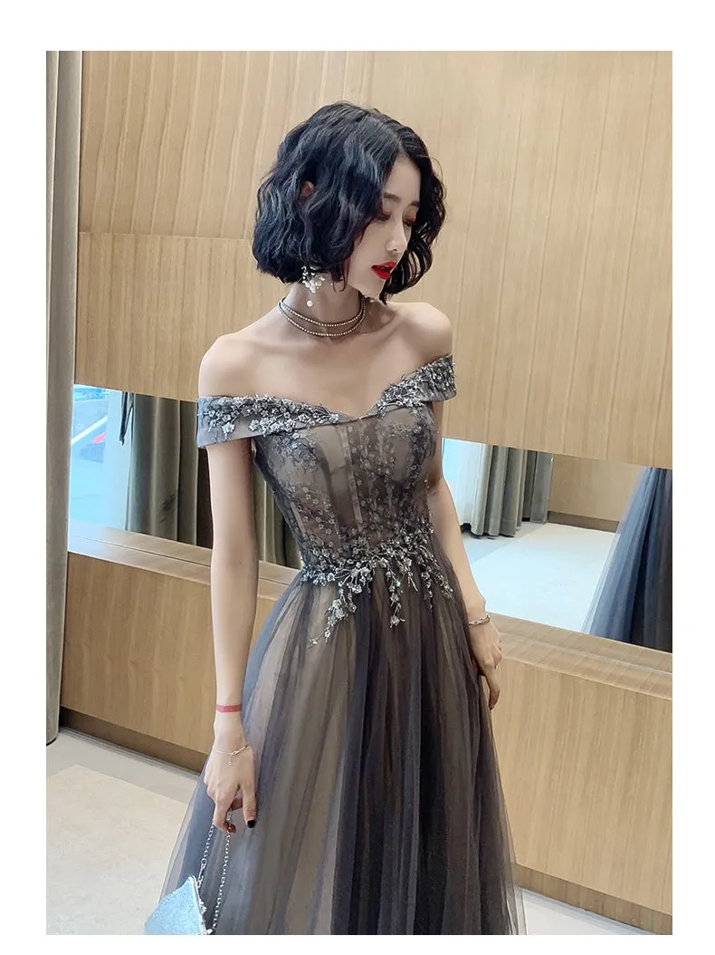 Dark Grey Tulle with Lace Applique Sweetheart Long Prom Dress, A-line Off Shoulder Party Dress