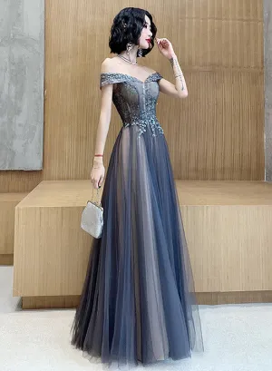 Dark Grey Tulle with Lace Applique Sweetheart Long Prom Dress, A-line Off Shoulder Party Dress