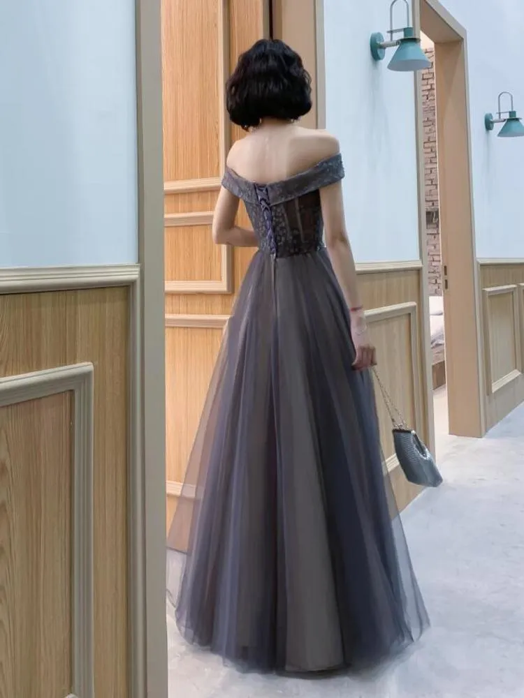 Dark Grey Tulle with Lace Applique Sweetheart Long Prom Dress, A-line Off Shoulder Party Dress