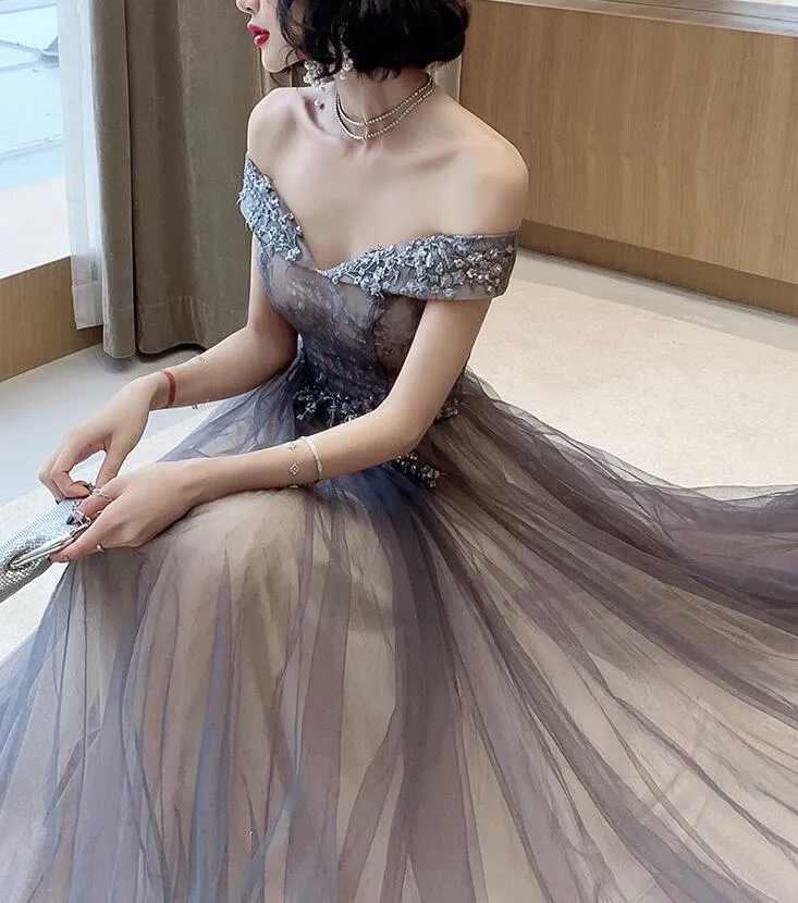 Dark Grey Tulle with Lace Applique Sweetheart Long Prom Dress, A-line Off Shoulder Party Dress