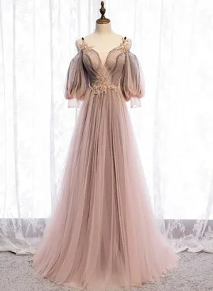 Dark Pink Tulle V-neckline Straps Floor Length Party Dresses, Pink Tulle Formal Dresses 2022
