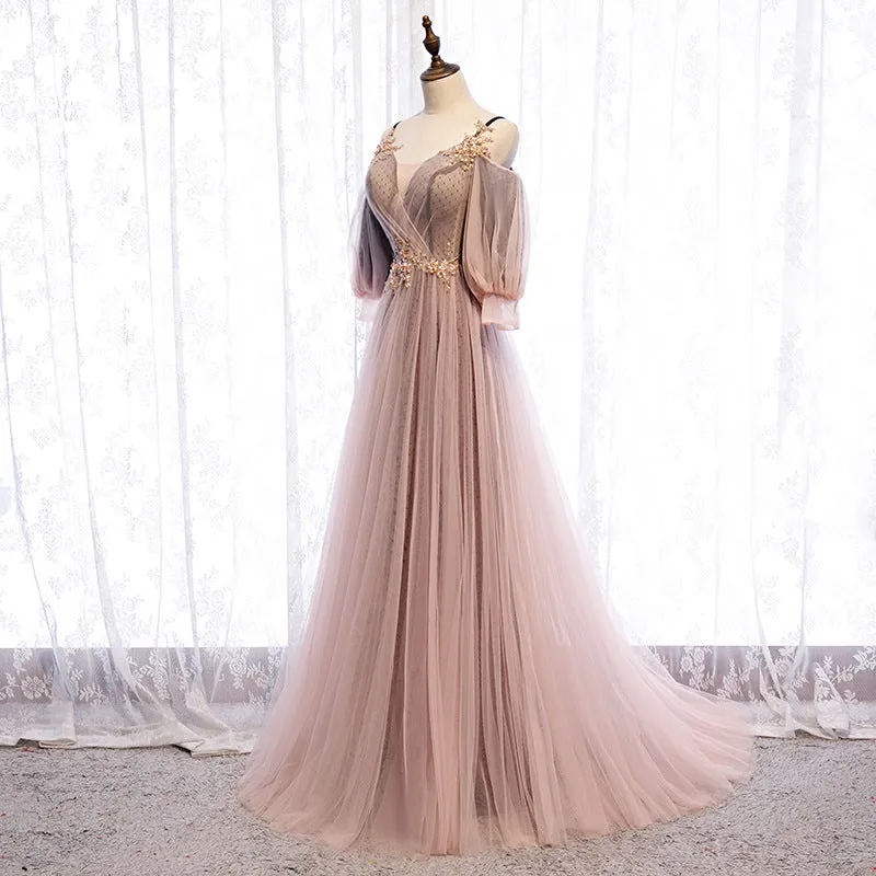 Dark Pink Tulle V-neckline Straps Floor Length Party Dresses, Pink Tulle Formal Dresses 2022