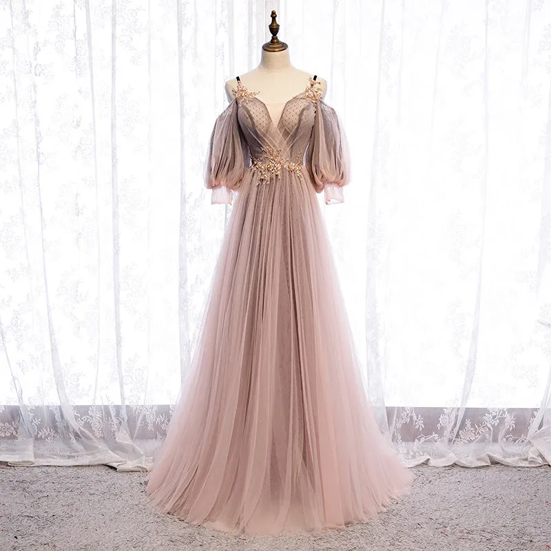 Dark Pink Tulle V-neckline Straps Floor Length Party Dresses, Pink Tulle Formal Dresses 2022