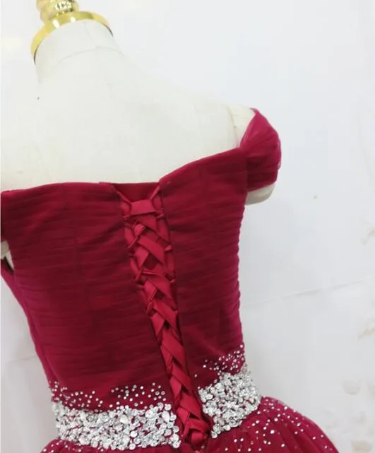 Dark Red Off Shoulder Knee Length Tulle Homecoming Dress, Wine Red Cute Party Dress