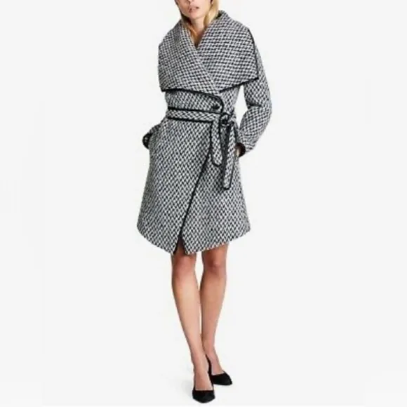 DKNY Faux-Leather-Trim Belted Textured Wrap Coat Diagonal Tweed - Small/Medium