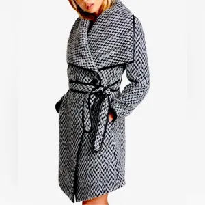 DKNY Faux-Leather-Trim Belted Textured Wrap Coat Diagonal Tweed - Small/Medium