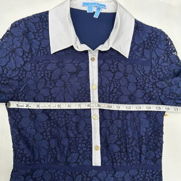 Draper James Meadow Dress Navy Lace Cream Gold Collar Buttons Short Sleeve 4