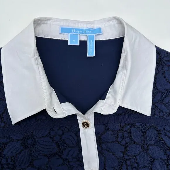 Draper James Meadow Dress Navy Lace Cream Gold Collar Buttons Short Sleeve 4