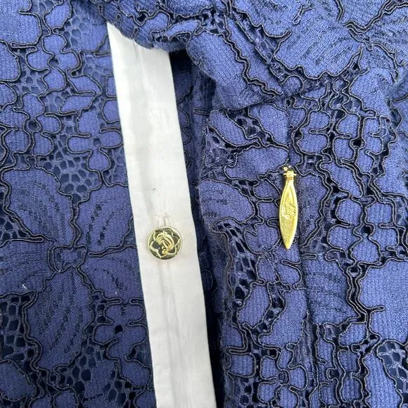 Draper James Meadow Dress Navy Lace Cream Gold Collar Buttons Short Sleeve 4