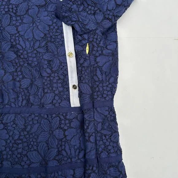 Draper James Meadow Dress Navy Lace Cream Gold Collar Buttons Short Sleeve 4