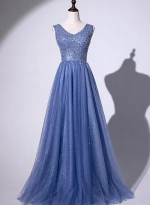 Elegant Blue Beaded Tulle Long Junior Prom Dress, Sequins Prom Dress