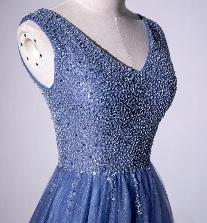 Elegant Blue Beaded Tulle Long Junior Prom Dress, Sequins Prom Dress