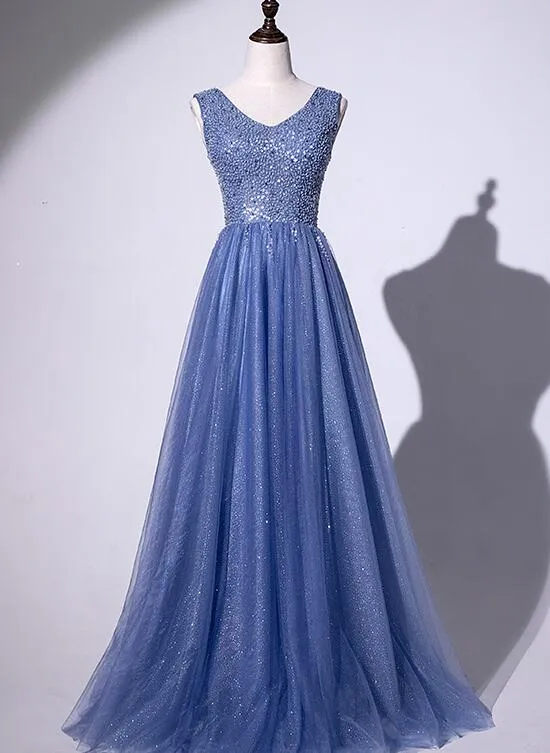 Elegant Blue Beaded Tulle Long Junior Prom Dress, Sequins Prom Dress