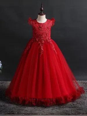 Elegant Long  Dress with Floral Appliqué