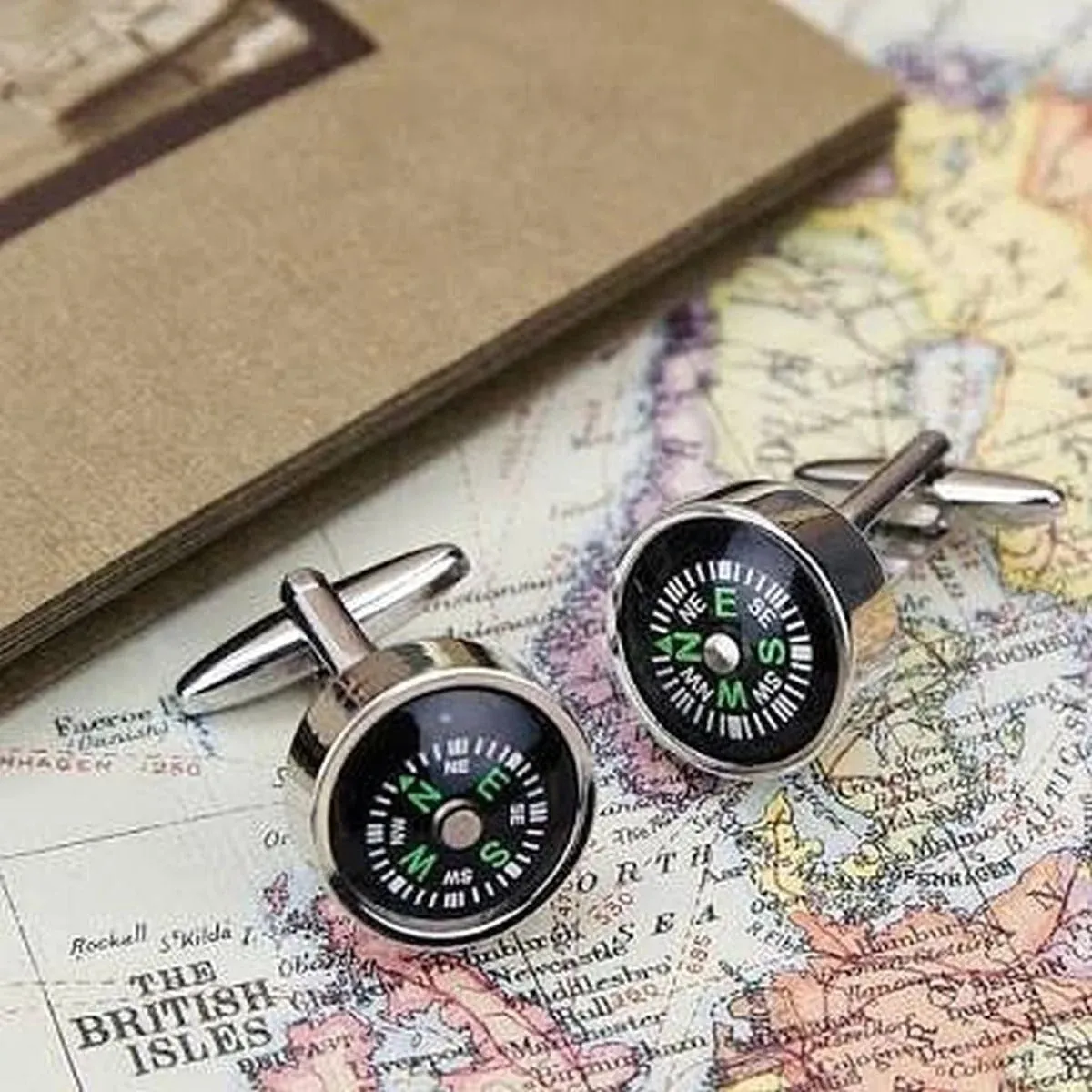 Elegant Round Compass Cufflinks in Black with Presentation Gift Box