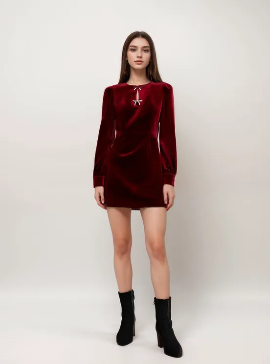 Elegant Velvet Long Sleeve Mini Dress with Bow and Pearl Detail