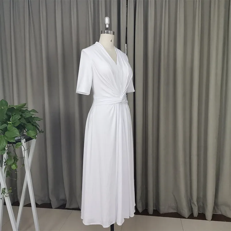 Elegant White Spandex Tea Length Wedding Party Dress, Mother of Bridal Dress