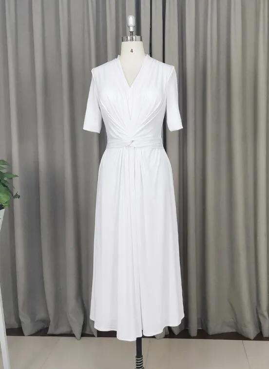 Elegant White Spandex Tea Length Wedding Party Dress, Mother of Bridal Dress