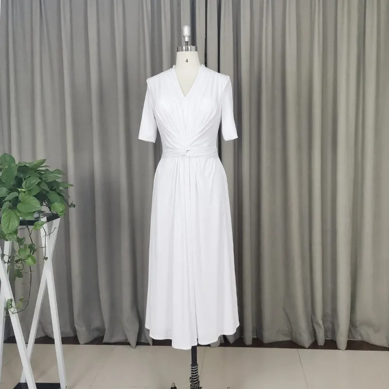 Elegant White Spandex Tea Length Wedding Party Dress, Mother of Bridal Dress