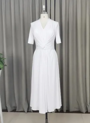 Elegant White Spandex Tea Length Wedding Party Dress, Mother of Bridal Dress