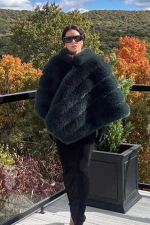 Emerald Faux Fur Channel-Quilted Cape