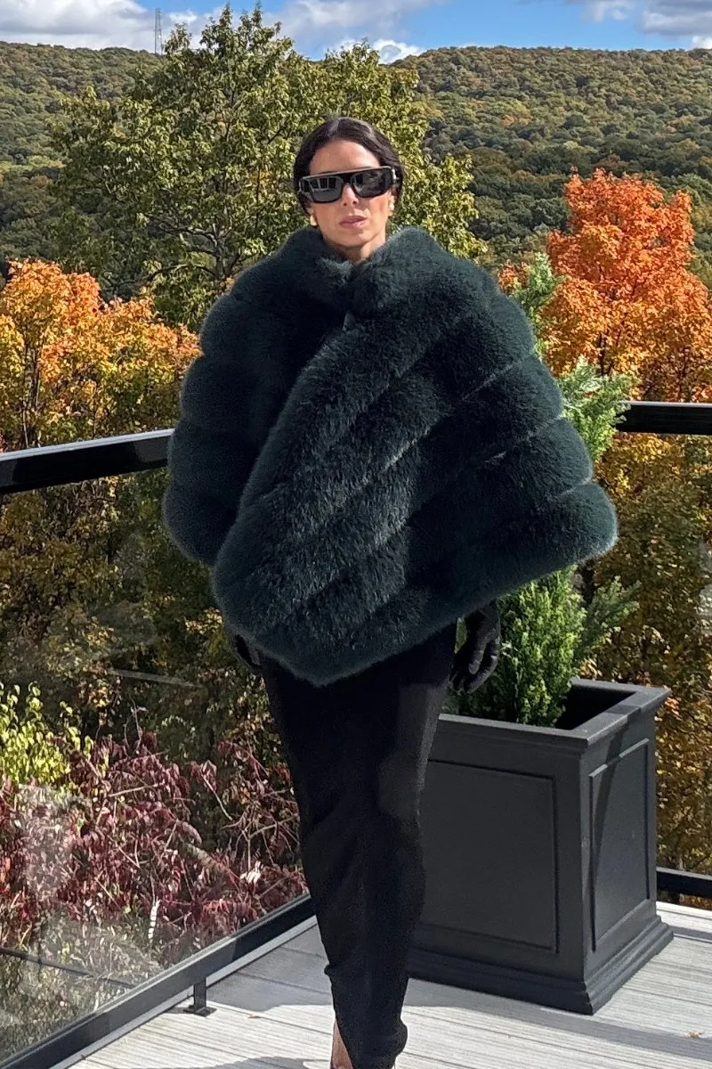 Emerald Faux Fur Channel-Quilted Cape