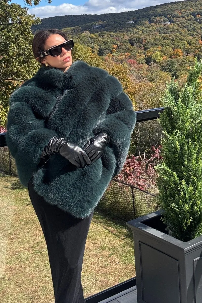 Emerald Faux Fur Channel-Quilted Cape