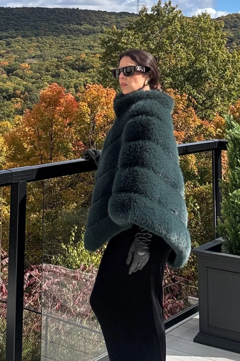 Emerald Faux Fur Channel-Quilted Cape