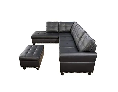 EOVTK 98" Faux Leather Sectional Sofa with Storage Ottoman Cup Holders & L-Shaped Upholstered