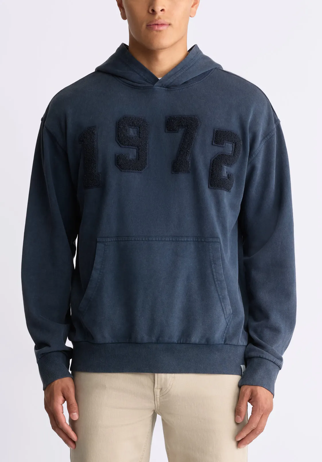 Farhim Men's Hoodie with Textured Appliqué, Midnight Blue - BM24517