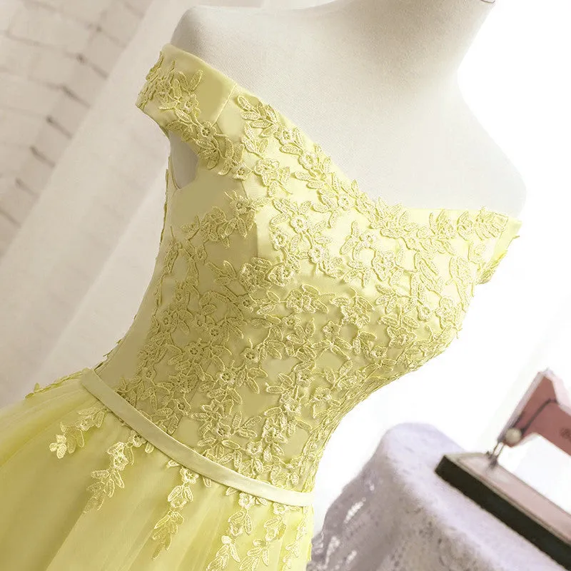 Fashion Light Yellow Tulle Off Shoulder Party Dress, Short Prom Dress, Homecoming Dress