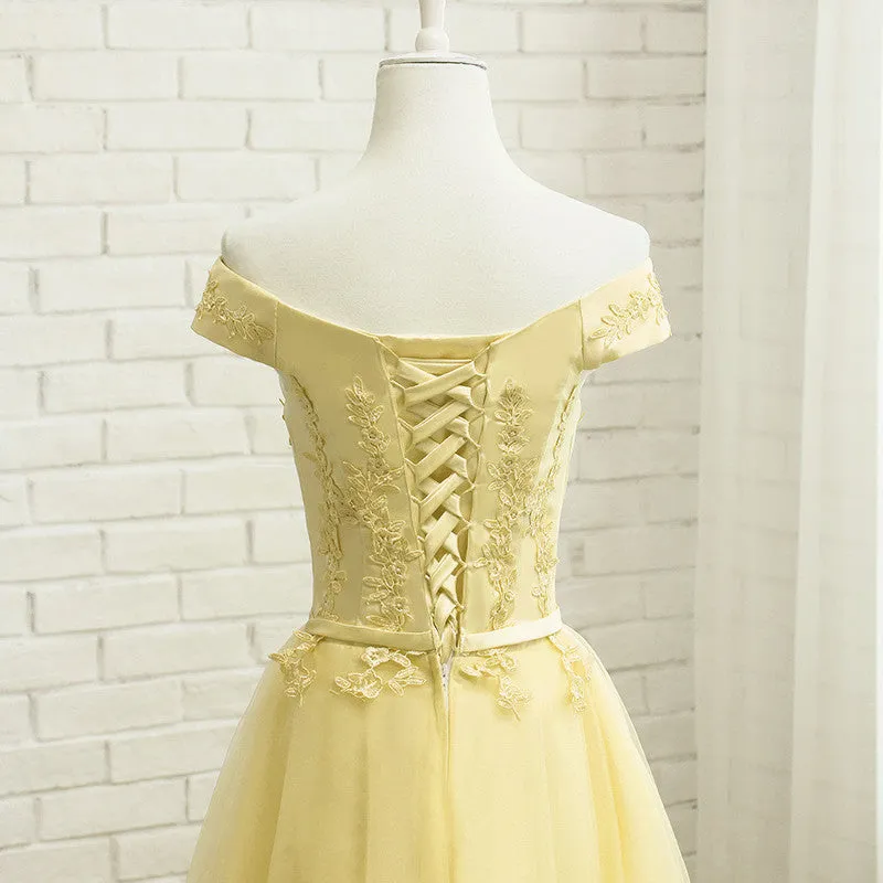 Fashion Light Yellow Tulle Off Shoulder Party Dress, Short Prom Dress, Homecoming Dress