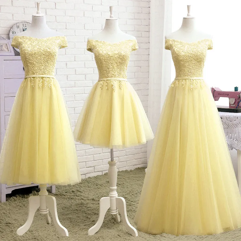Fashion Light Yellow Tulle Off Shoulder Party Dress, Short Prom Dress, Homecoming Dress
