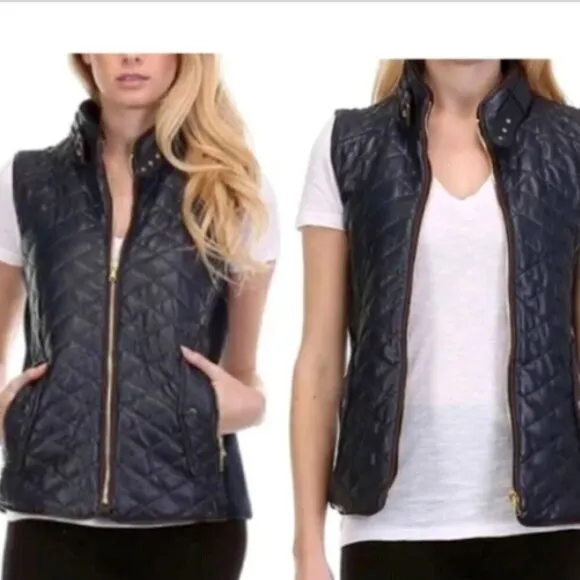 Fate Rowen Faux Leather Quilted Zip Vest Navy Blue Sz S #298J